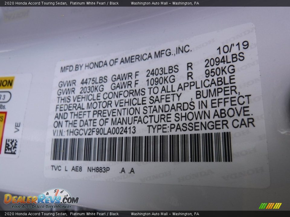 2020 Honda Accord Touring Sedan Platinum White Pearl / Black Photo #29