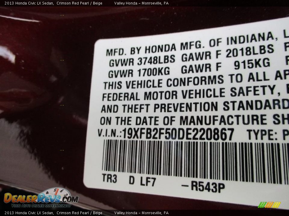 2013 Honda Civic LX Sedan Crimson Red Pearl / Beige Photo #19