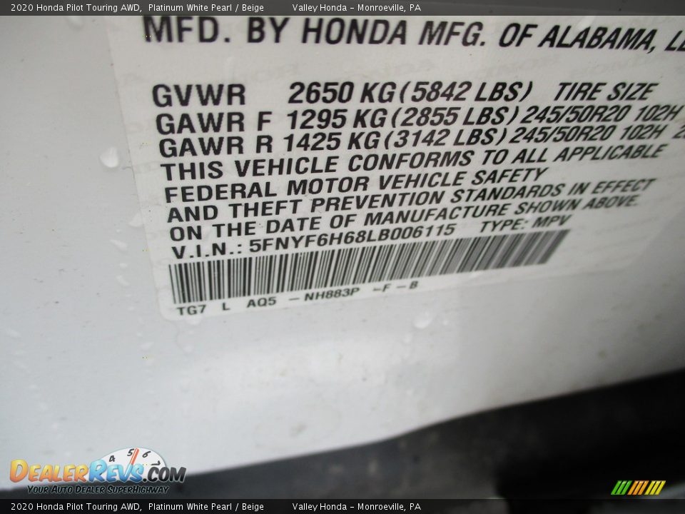 2020 Honda Pilot Touring AWD Platinum White Pearl / Beige Photo #19