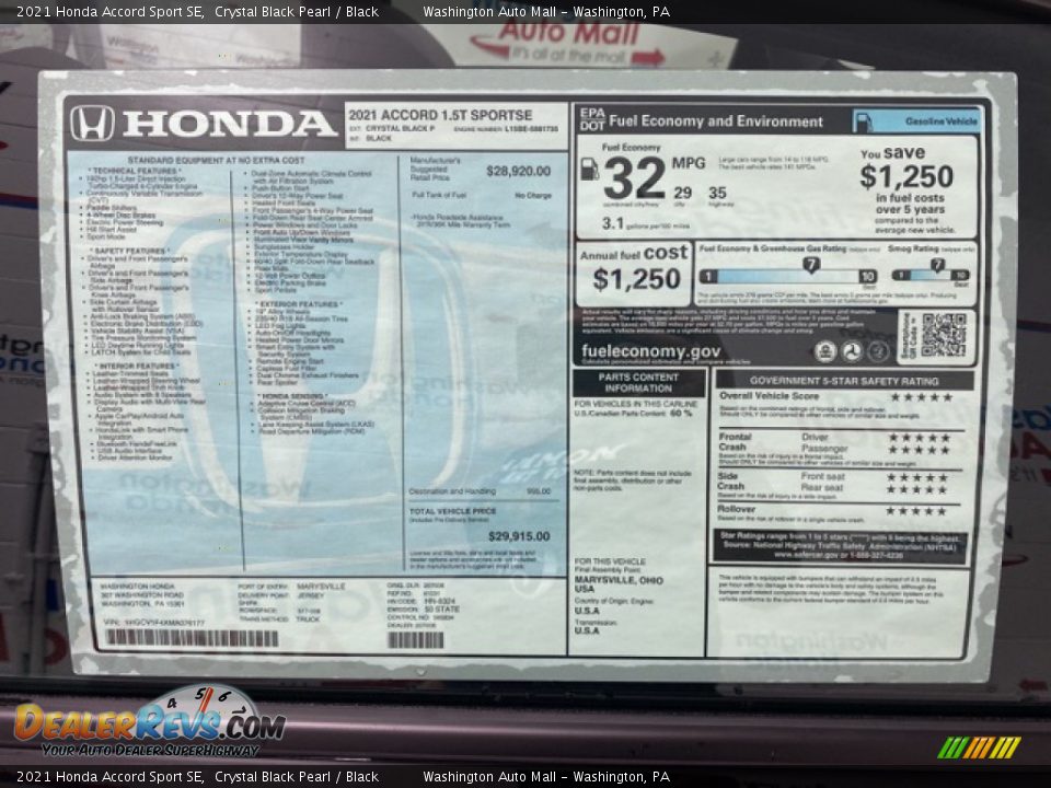 2021 Honda Accord Sport SE Window Sticker Photo #6