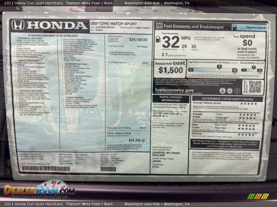 2021 Honda Civic Sport Hatchback Platinum White Pearl / Black Photo #9
