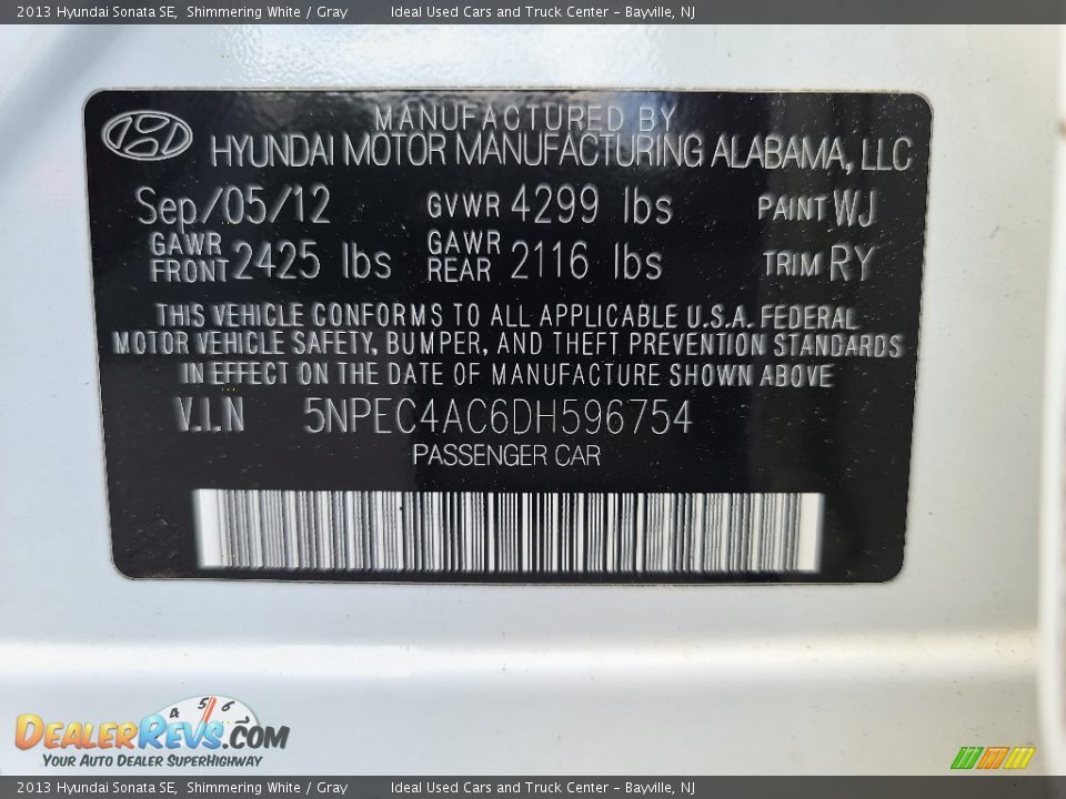 2013 Hyundai Sonata SE Shimmering White / Gray Photo #27