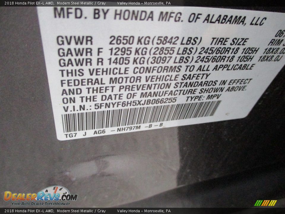 2018 Honda Pilot EX-L AWD Modern Steel Metallic / Gray Photo #19