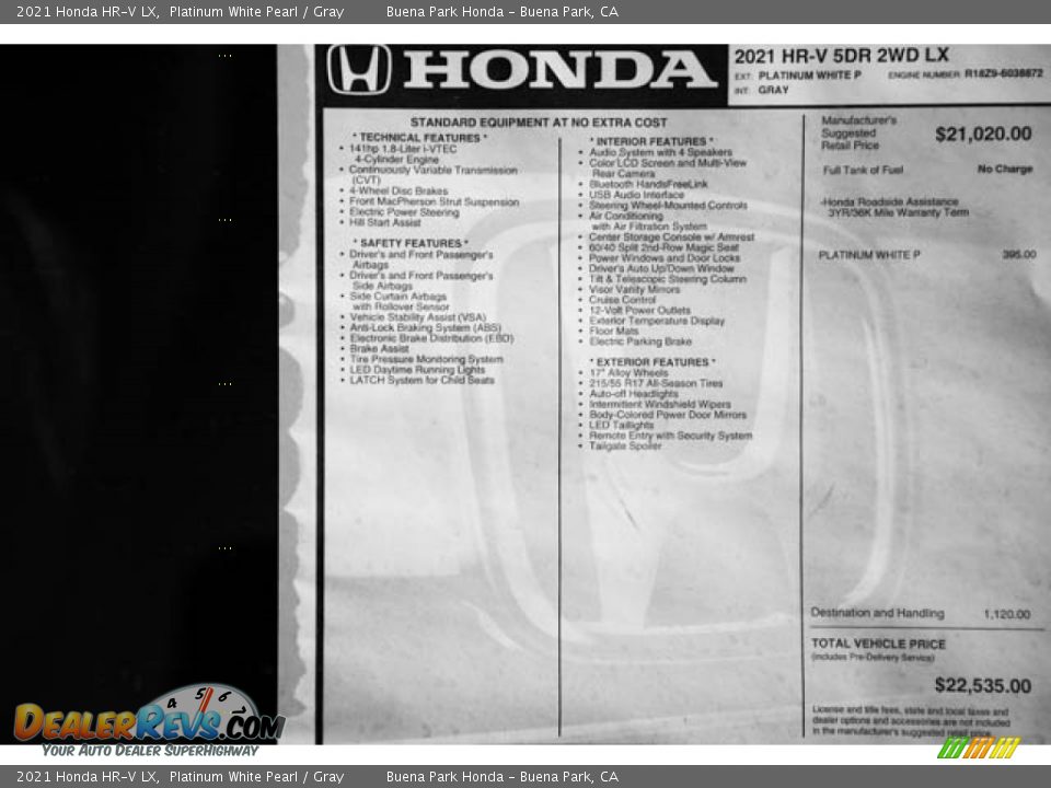 2021 Honda HR-V LX Platinum White Pearl / Gray Photo #36
