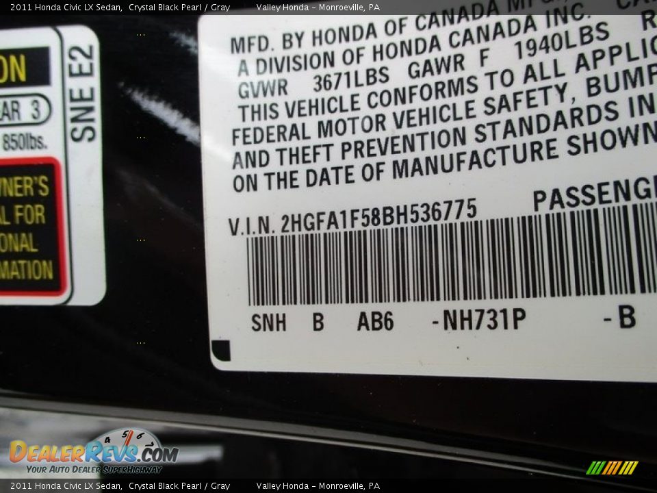 2011 Honda Civic LX Sedan Crystal Black Pearl / Gray Photo #19