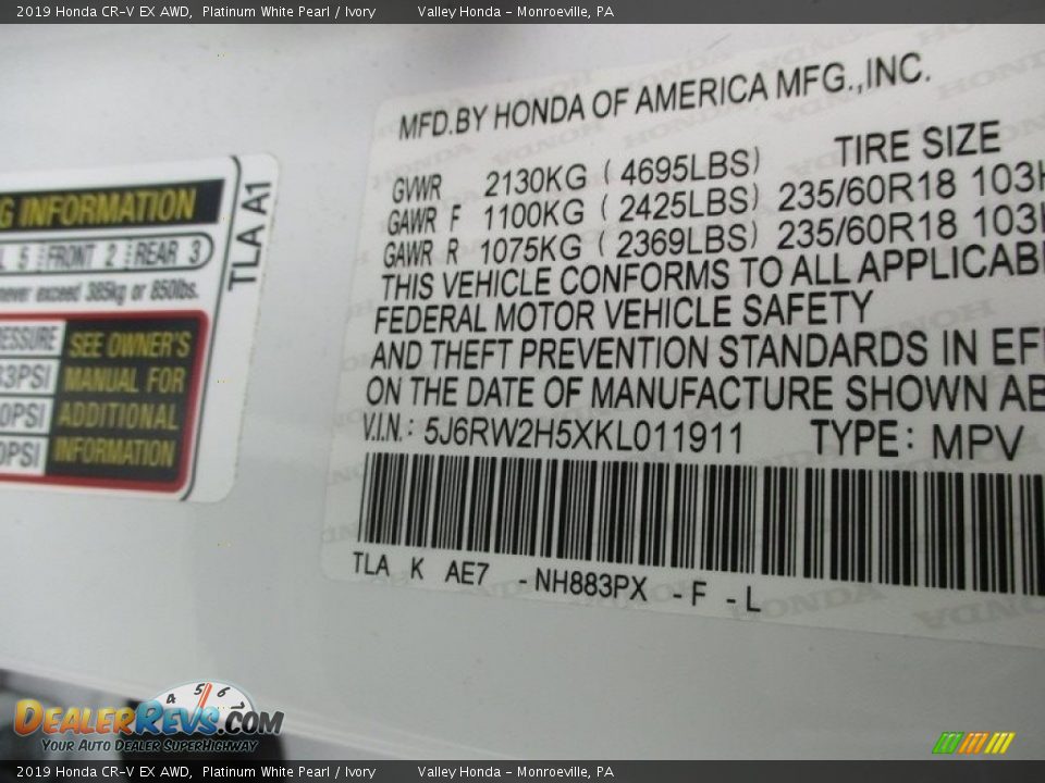 2019 Honda CR-V EX AWD Platinum White Pearl / Ivory Photo #19