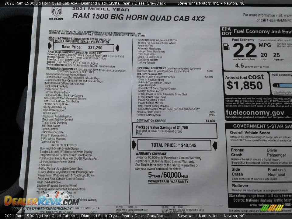 2021 Ram 1500 Big Horn Quad Cab 4x4 Diamond Black Crystal Pearl / Diesel Gray/Black Photo #28
