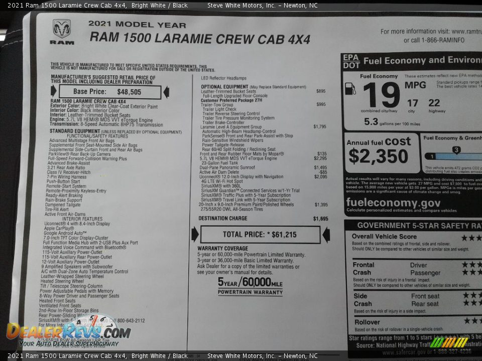 2021 Ram 1500 Laramie Crew Cab 4x4 Bright White / Black Photo #34
