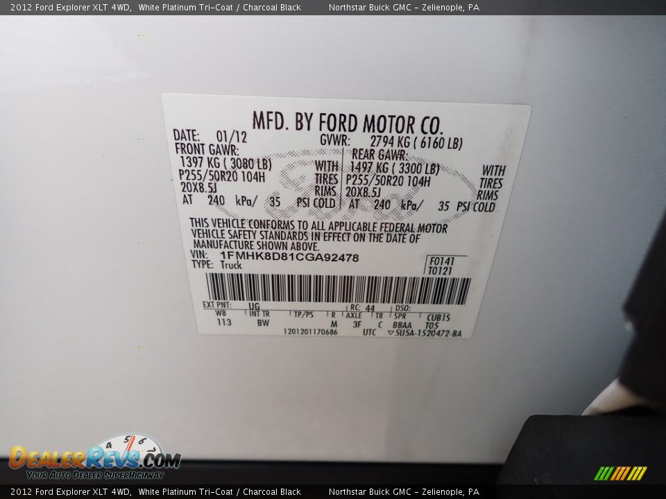 2012 Ford Explorer XLT 4WD White Platinum Tri-Coat / Charcoal Black Photo #14