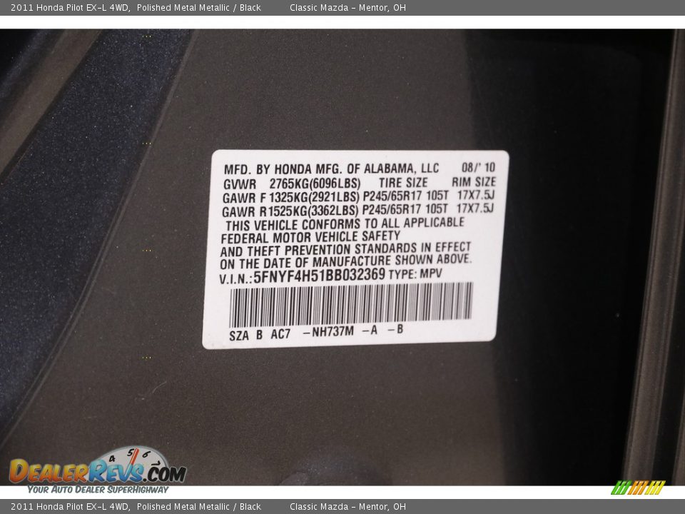 2011 Honda Pilot EX-L 4WD Polished Metal Metallic / Black Photo #18