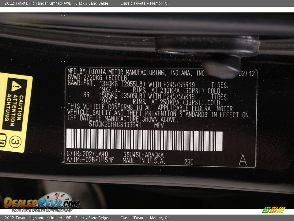 2012 Toyota Highlander Limited 4WD Black / Sand Beige Photo #24