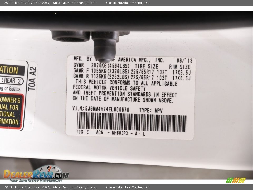 2014 Honda CR-V EX-L AWD White Diamond Pearl / Black Photo #20