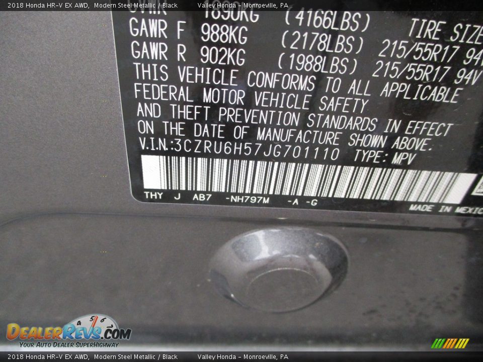 2018 Honda HR-V EX AWD Modern Steel Metallic / Black Photo #19