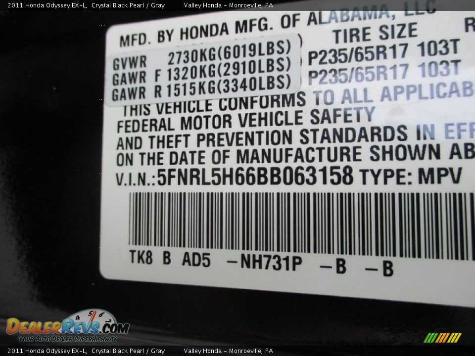2011 Honda Odyssey EX-L Crystal Black Pearl / Gray Photo #19
