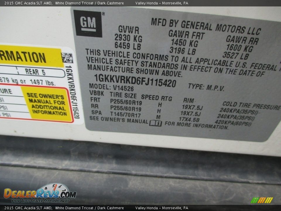 2015 GMC Acadia SLT AWD White Diamond Tricoat / Dark Cashmere Photo #19