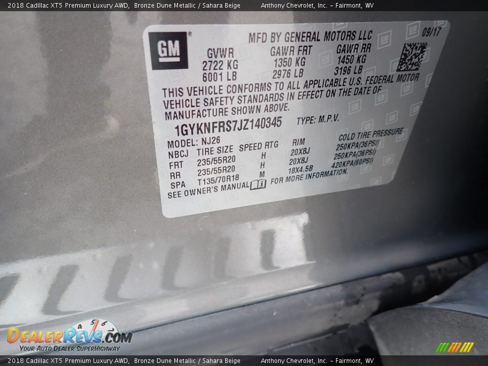 2018 Cadillac XT5 Premium Luxury AWD Bronze Dune Metallic / Sahara Beige Photo #14
