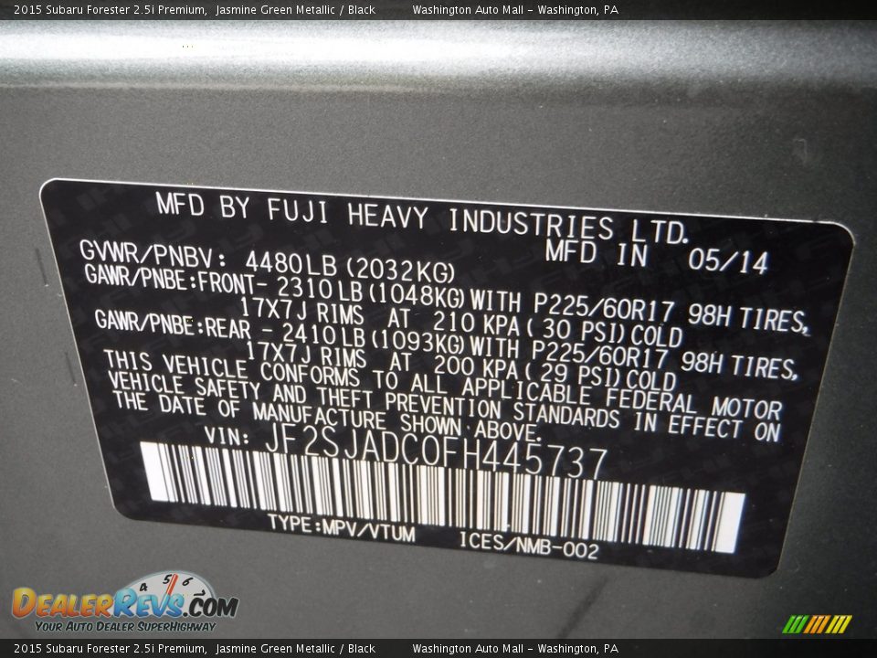 2015 Subaru Forester 2.5i Premium Jasmine Green Metallic / Black Photo #27