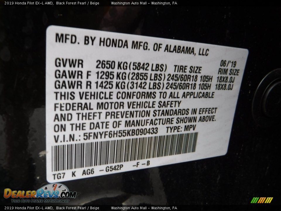 2019 Honda Pilot EX-L AWD Black Forest Pearl / Beige Photo #34