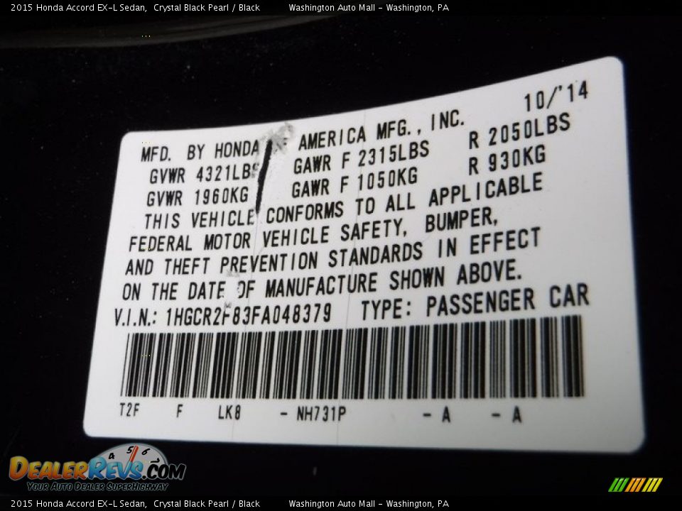 2015 Honda Accord EX-L Sedan Crystal Black Pearl / Black Photo #29
