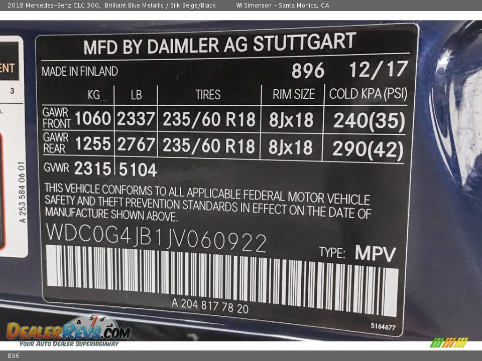 Mercedes-Benz Color Code 896 Brilliant Blue Metallic