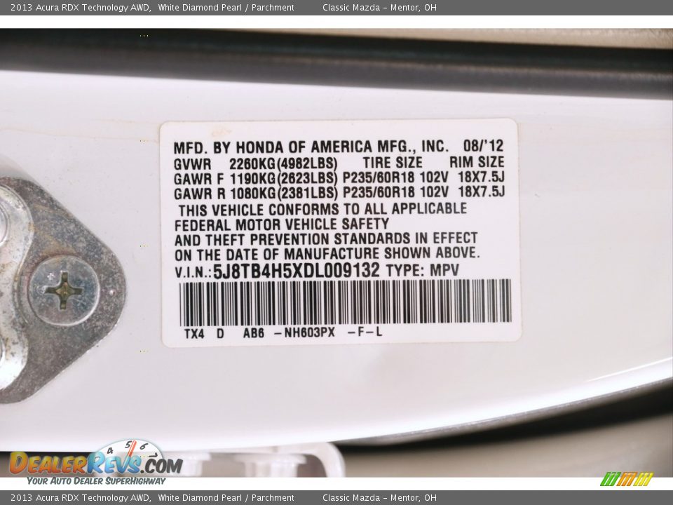 2013 Acura RDX Technology AWD White Diamond Pearl / Parchment Photo #20