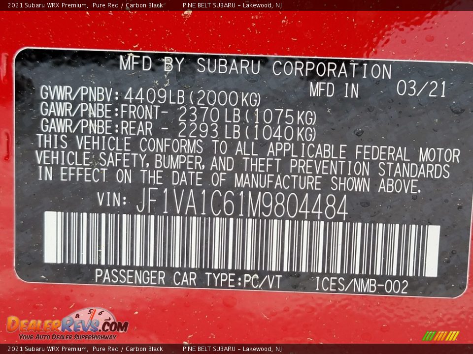 2021 Subaru WRX Premium Pure Red / Carbon Black Photo #14