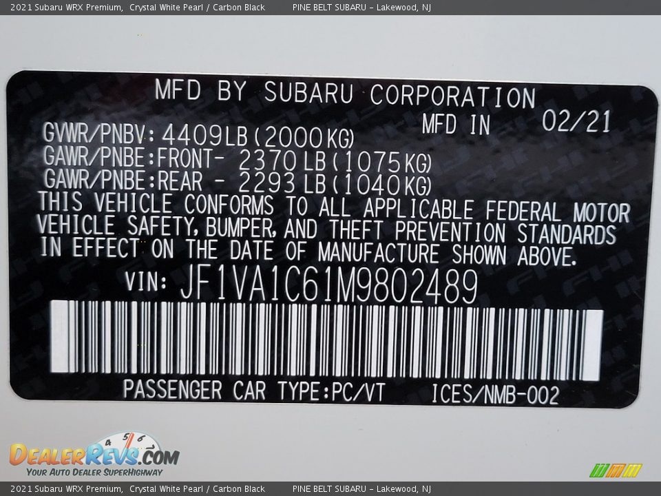 2021 Subaru WRX Premium Crystal White Pearl / Carbon Black Photo #14
