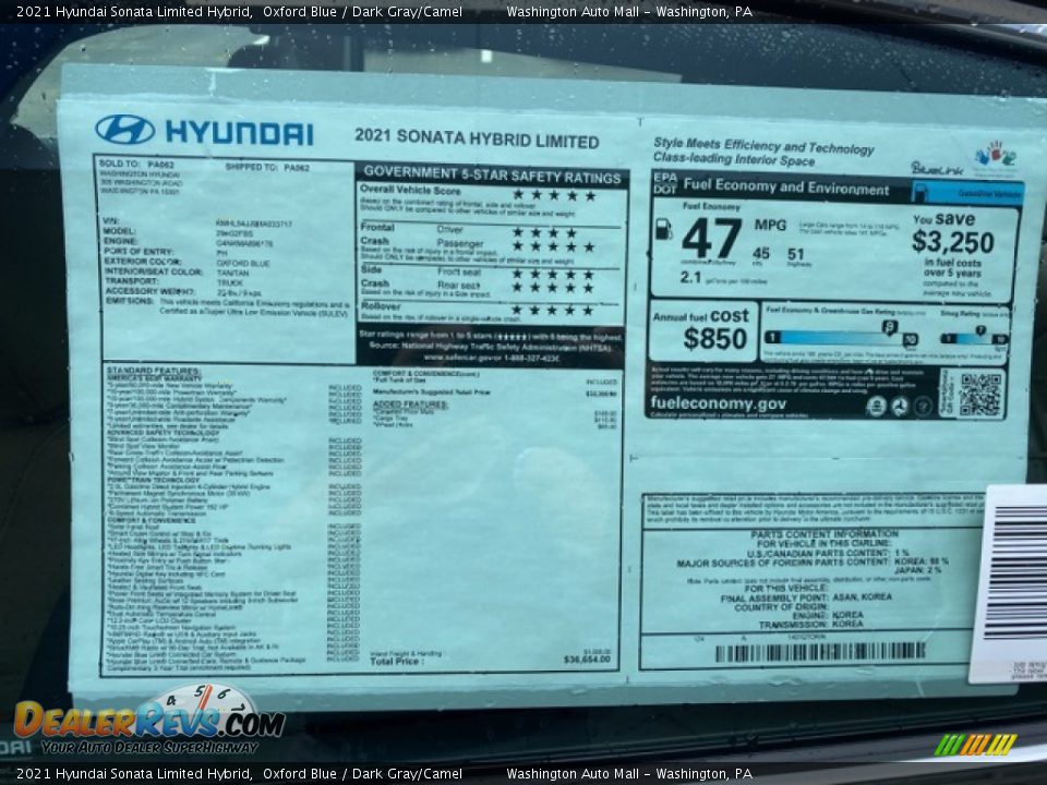 2021 Hyundai Sonata Limited Hybrid Window Sticker Photo #5