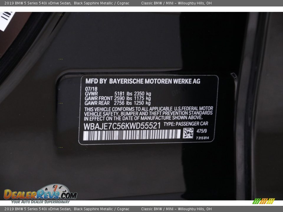 2019 BMW 5 Series 540i xDrive Sedan Black Sapphire Metallic / Cognac Photo #23