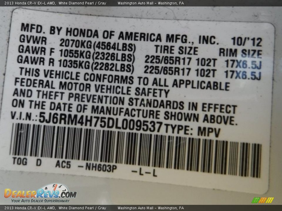 2013 Honda CR-V EX-L AWD White Diamond Pearl / Gray Photo #27