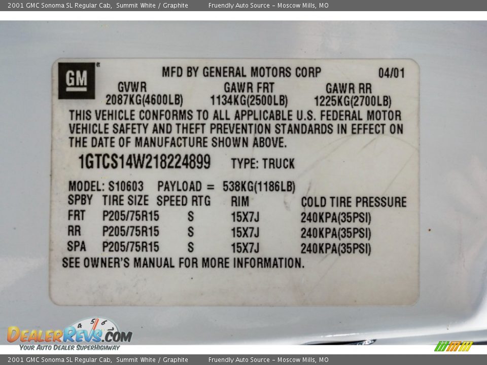 2001 GMC Sonoma SL Regular Cab Summit White / Graphite Photo #33