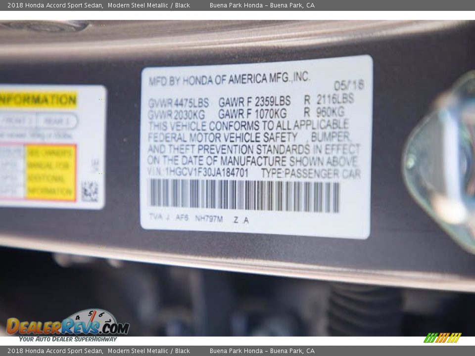 2018 Honda Accord Sport Sedan Modern Steel Metallic / Black Photo #35