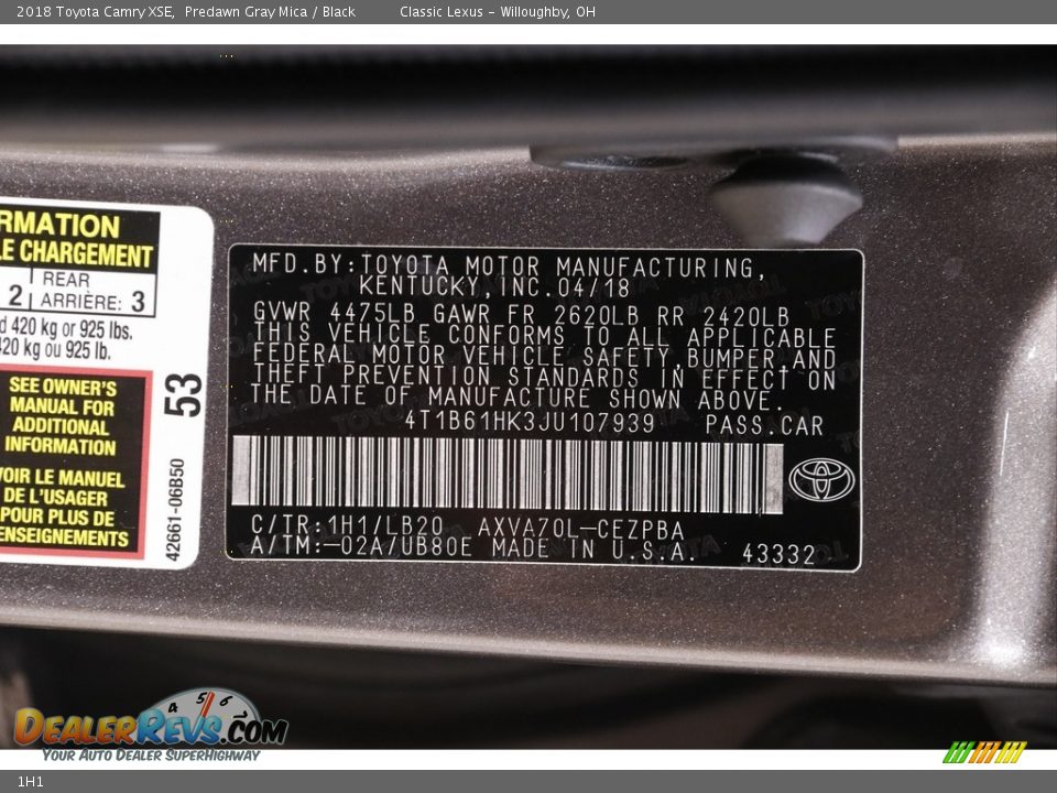 Toyota Color Code 1H1 Predawn Gray Mica