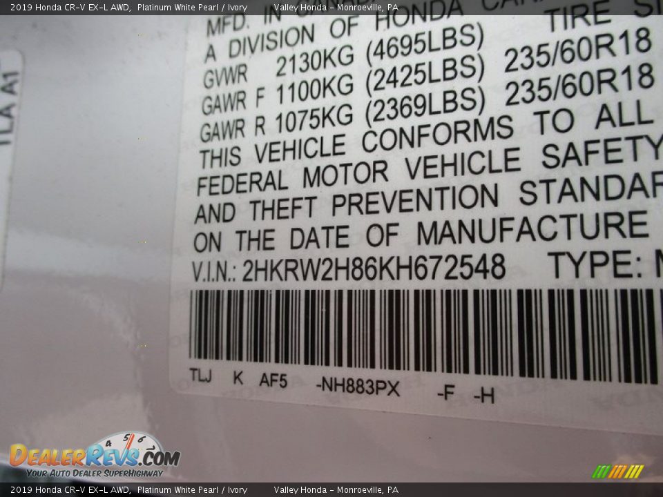 2019 Honda CR-V EX-L AWD Platinum White Pearl / Ivory Photo #19