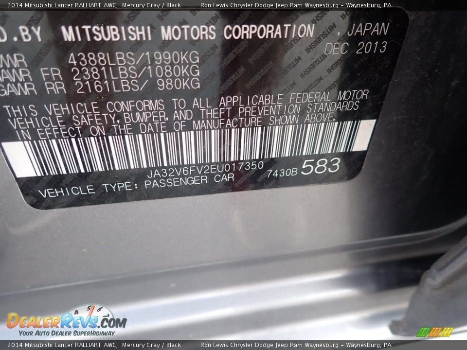 2014 Mitsubishi Lancer RALLIART AWC Mercury Gray / Black Photo #15
