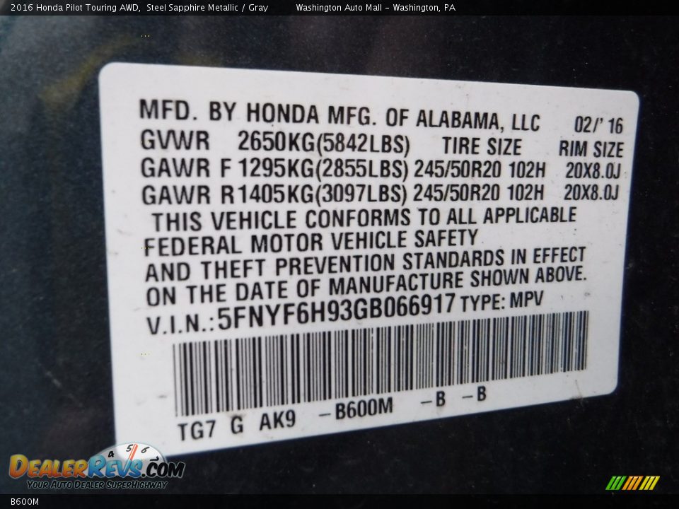 Honda Color Code B600M Steel Sapphire Metallic