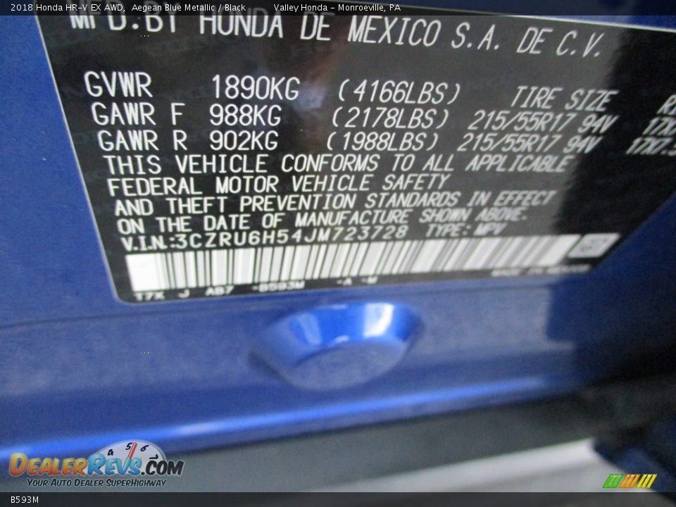 Honda Color Code B593M Aegean Blue Metallic