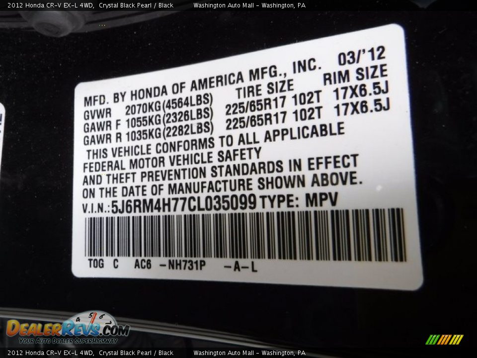 2012 Honda CR-V EX-L 4WD Crystal Black Pearl / Black Photo #27