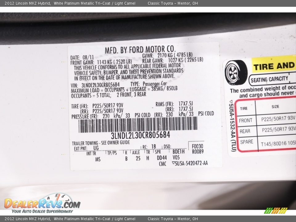 2012 Lincoln MKZ Hybrid White Platinum Metallic Tri-Coat / Light Camel Photo #20