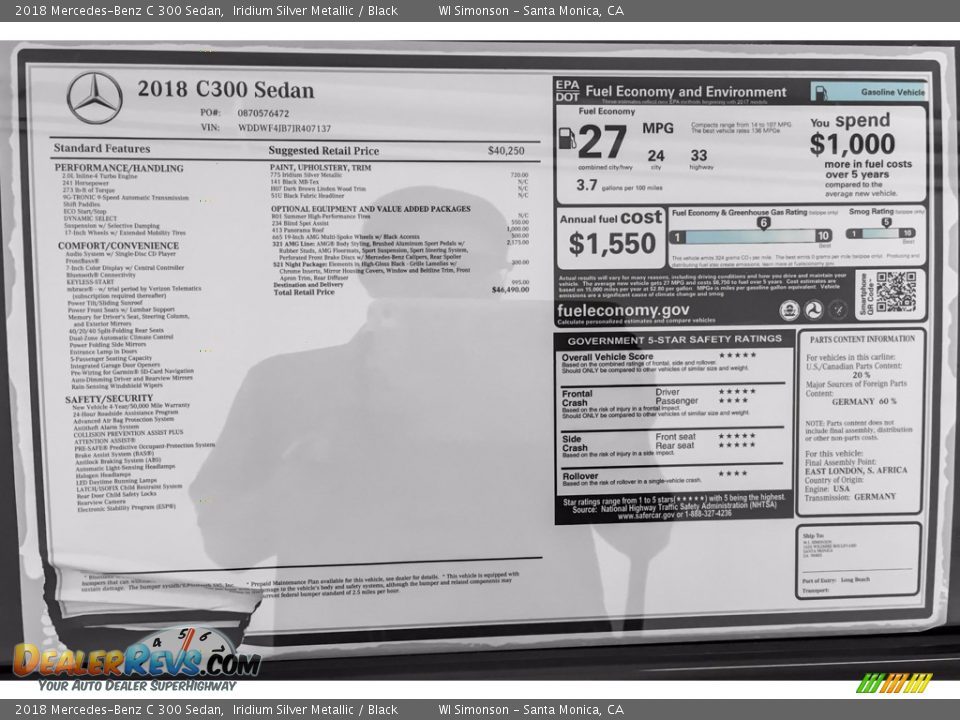 2018 Mercedes-Benz C 300 Sedan Iridium Silver Metallic / Black Photo #10