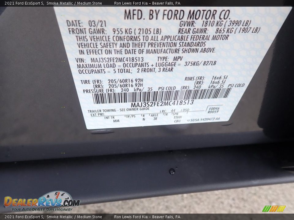 2021 Ford EcoSport S Smoke Metallic / Medium Stone Photo #15