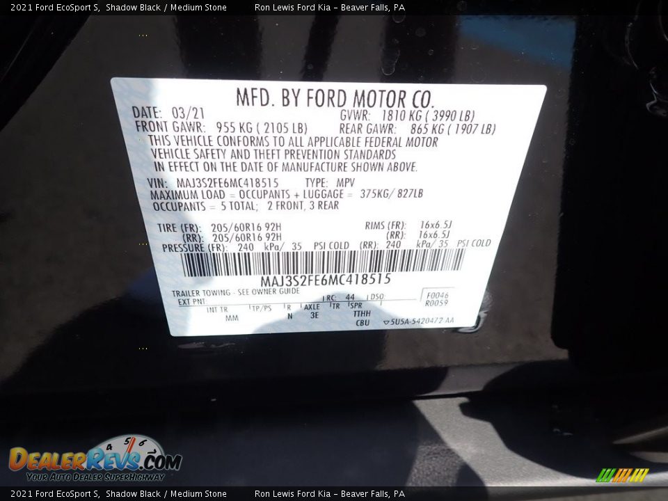 2021 Ford EcoSport S Shadow Black / Medium Stone Photo #15