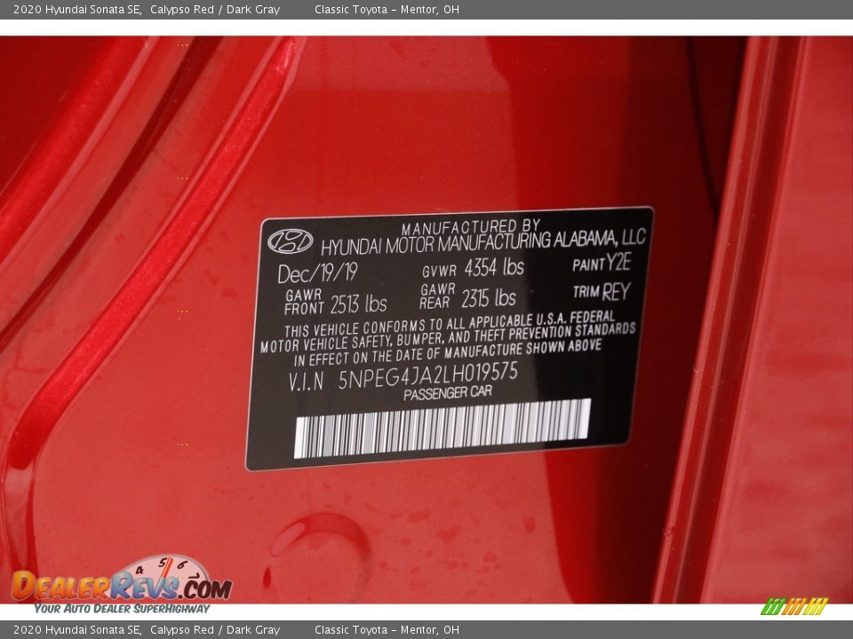 2020 Hyundai Sonata SE Calypso Red / Dark Gray Photo #19