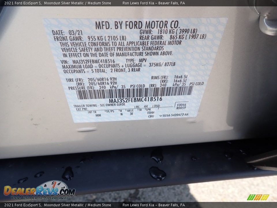 2021 Ford EcoSport S Moondust Silver Metallic / Medium Stone Photo #16
