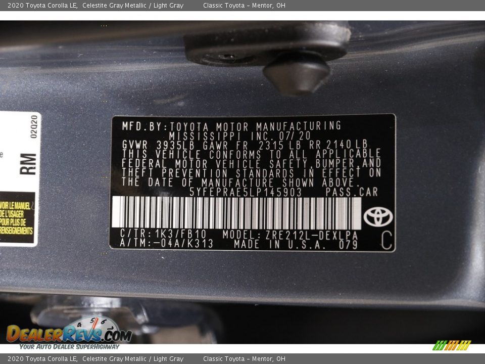 2020 Toyota Corolla LE Celestite Gray Metallic / Light Gray Photo #18