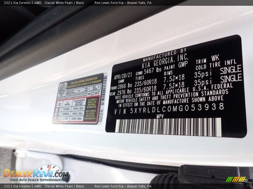 2021 Kia Sorento S AWD Glacial White Pearl / Black Photo #16