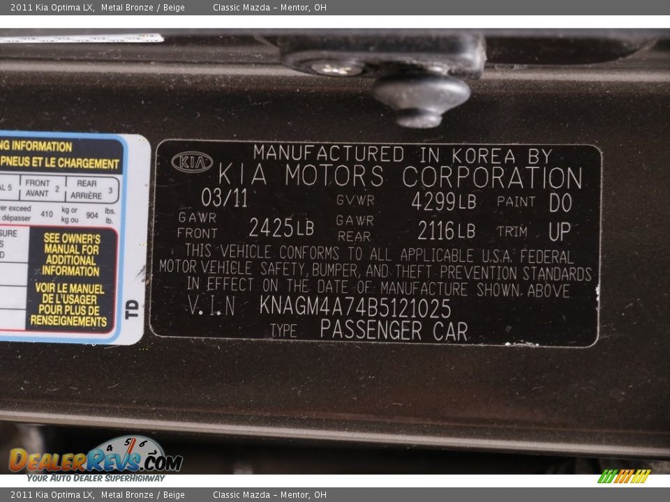 2011 Kia Optima LX Metal Bronze / Beige Photo #16