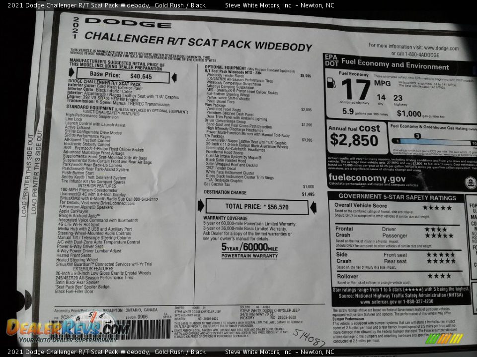 2021 Dodge Challenger R/T Scat Pack Widebody Window Sticker Photo #26