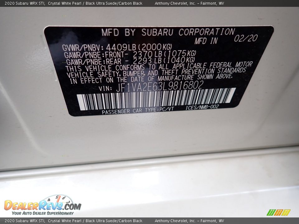 2020 Subaru WRX STI Crystal White Pearl / Black Ultra Suede/Carbon Black Photo #14