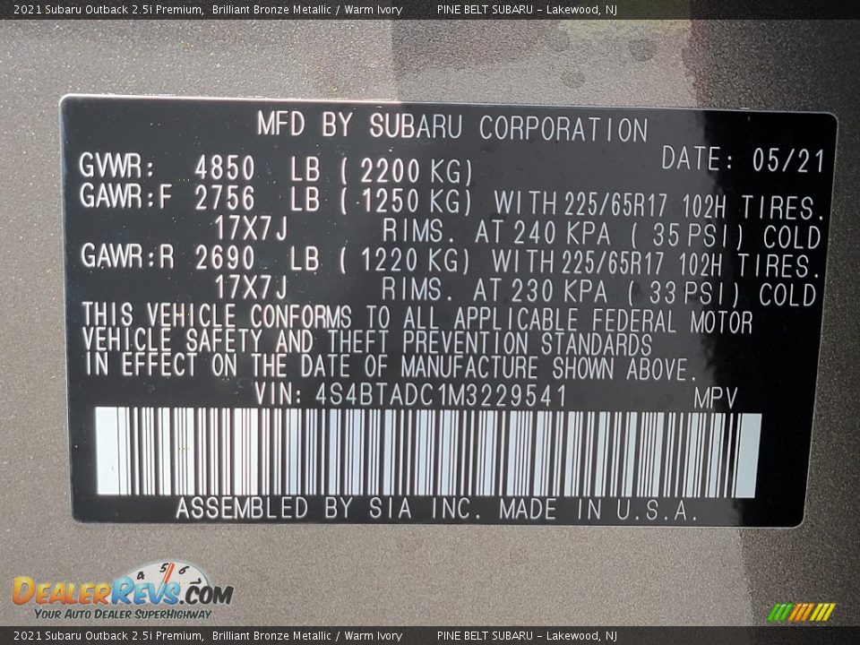 2021 Subaru Outback 2.5i Premium Brilliant Bronze Metallic / Warm Ivory Photo #14